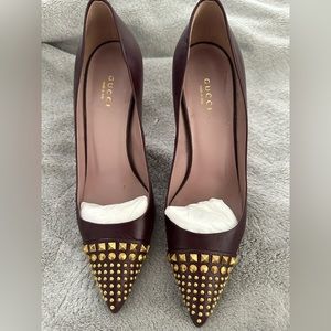 Gucci Burgundy Leather Gold Stud Toe Pumps